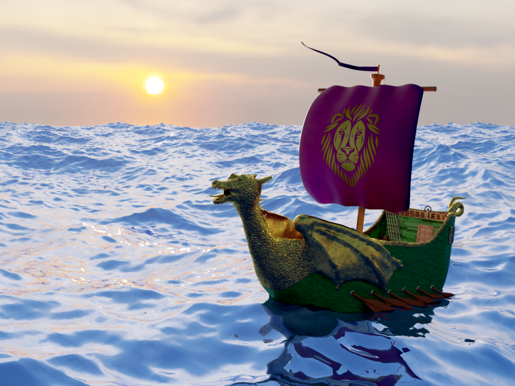 A 3d model of a green boat with a dragonhead and wings, its flag displays a gold lion.